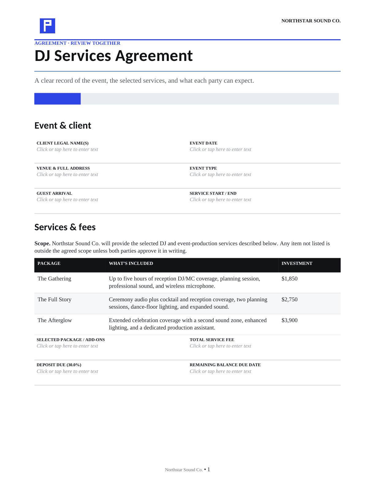 Rendered Northstar Sound Co. DJ services agreement