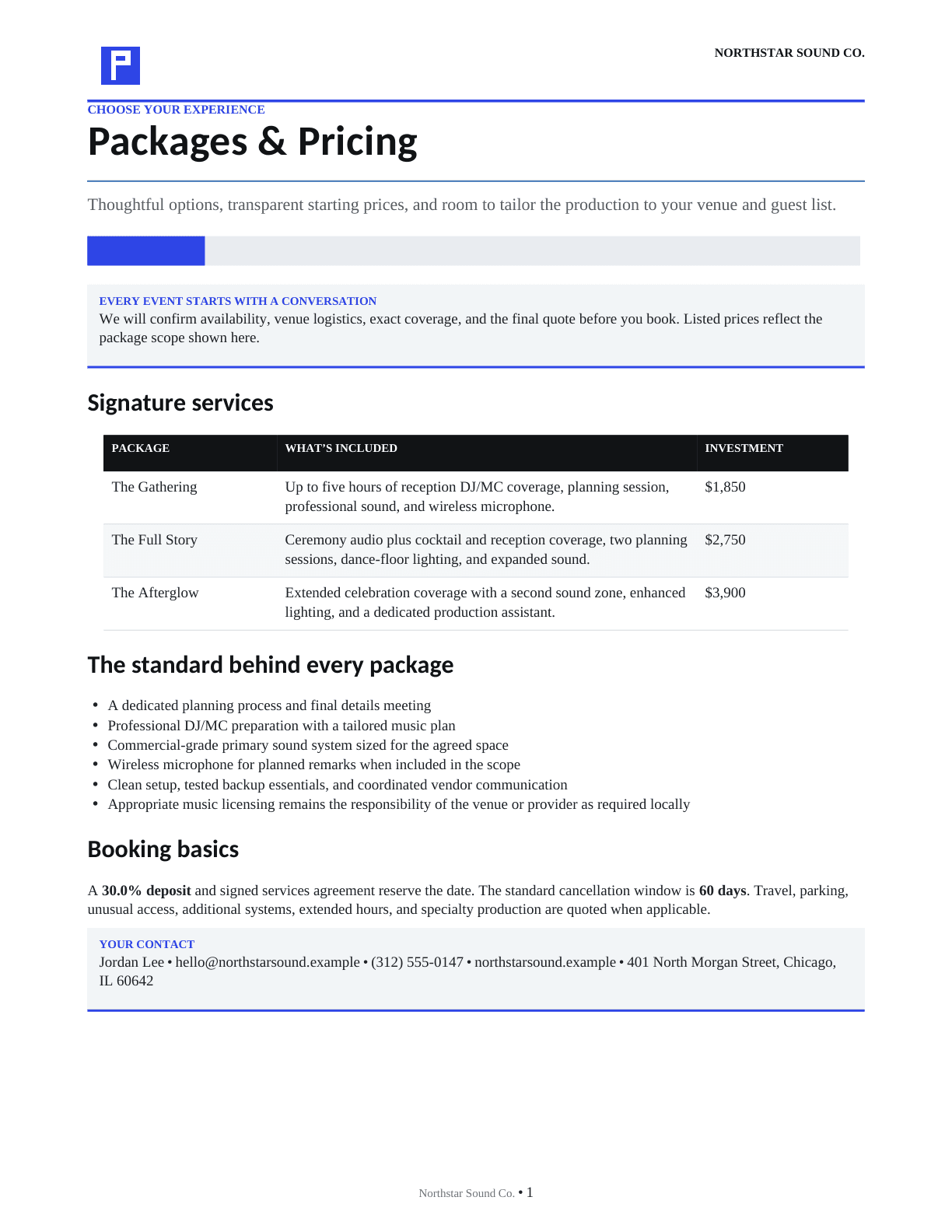 Rendered Northstar Sound Co. packages and pricing document