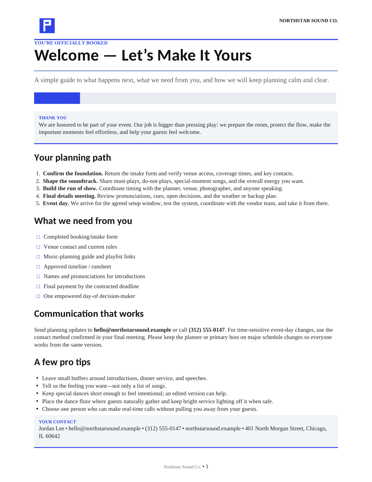 Rendered Northstar Sound Co. client welcome document